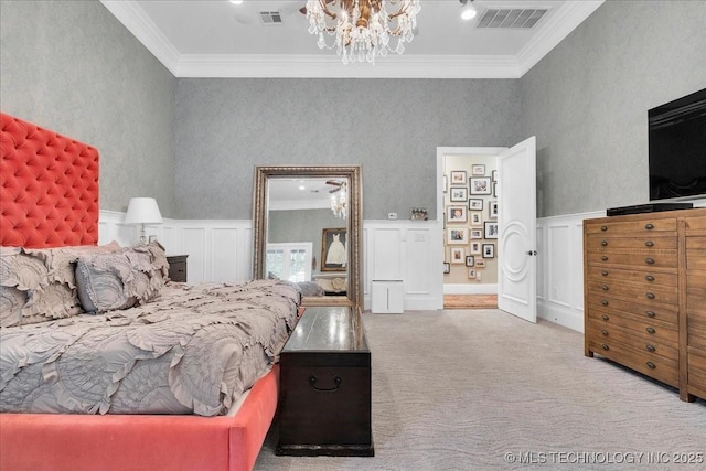 20565 E Clear Brook Rd, Owasso, OK 74055 - carpeted bedroom with crown molding and a chandelier