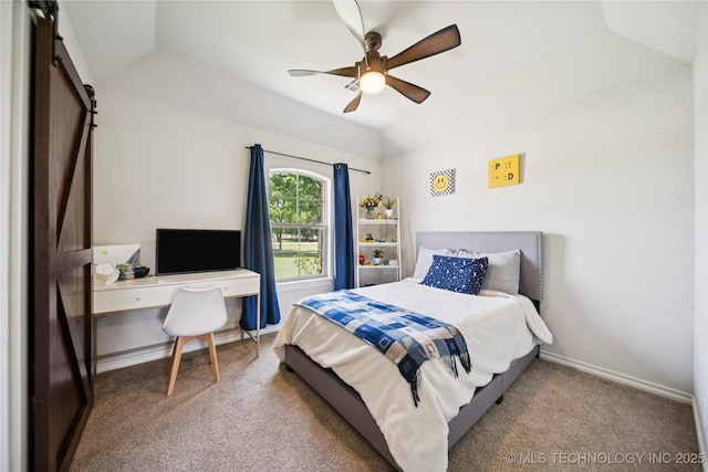 14400 E Willow Way, Claremore, OK 74019 - carpeted bedroom featuring ceiling fan, lofted ceiling, and a barn door