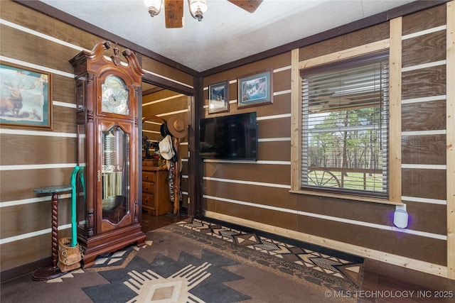 46367 County Road 553, Colcord, OK 74338 - entryway featuring dark carpet, ceiling fan, and wood walls