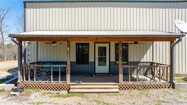 46367 County Road 553, Colcord, OK 74338 - property entrance with ceiling fan, a metal roof, and a wooden deck