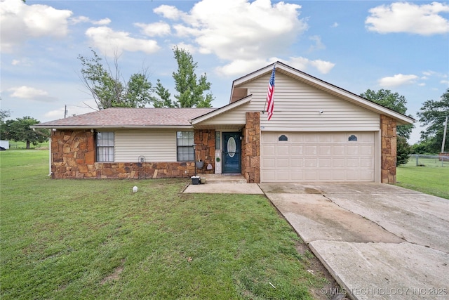 128 Elm St, Mannford, OK 74044 - view of front of home featuring stone siding, an attached garage, driveway, and a front yard