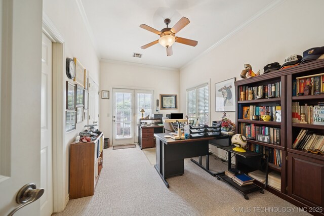 7721 E 101st Pl, Tulsa, OK 74133 - home office featuring light carpet, a ceiling fan, and ornamental molding