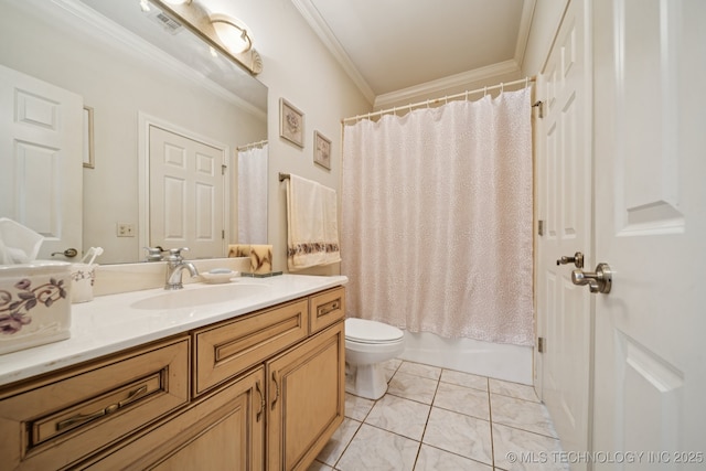 7721 E 101st Pl, Tulsa, OK 74133 - full bath with crown molding, vanity, shower / bathtub combination with curtain, and tile patterned floors