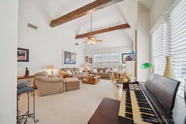 7721 E 101st Pl, Tulsa, OK 74133 - carpeted living area featuring high vaulted ceiling, beamed ceiling, and a ceiling fan