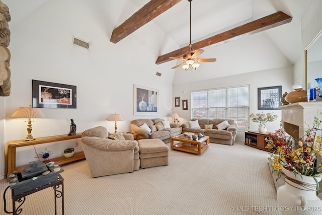 7721 E 101st Pl, Tulsa, OK 74133 - carpeted living room featuring high vaulted ceiling, beamed ceiling, and a ceiling fan