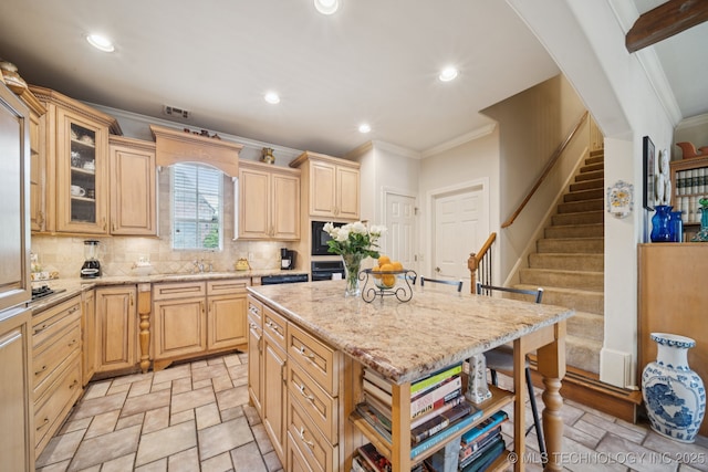 7721 E 101st Pl, Tulsa, OK 74133 - kitchen featuring ornamental molding, stone tile flooring, backsplash, light stone counters, and recessed lighting