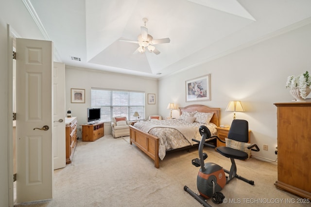 7721 E 101st Pl, Tulsa, OK 74133 - bedroom with a raised ceiling, light carpet, crown molding, and ceiling fan