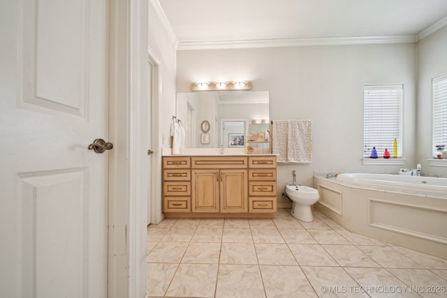 7721 E 101st Pl, Tulsa, OK 74133 - full bathroom with a garden tub, ornamental molding, vanity, and a bidet