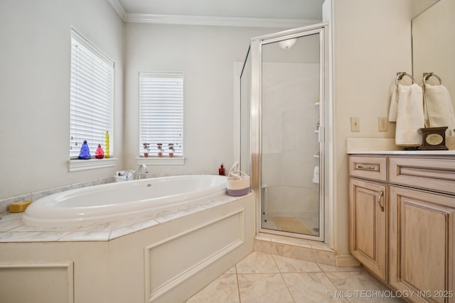 7721 E 101st Pl, Tulsa, OK 74133 - bathroom with a stall shower, a bath, marble finish floors, crown molding, and vanity