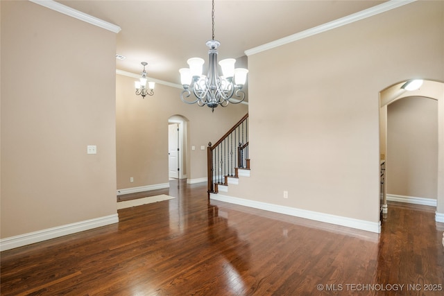425 W 128th St S, Jenks, OK 74037 - empty room with arched walkways, ornamental molding, wood finished floors, a chandelier, and stairs
