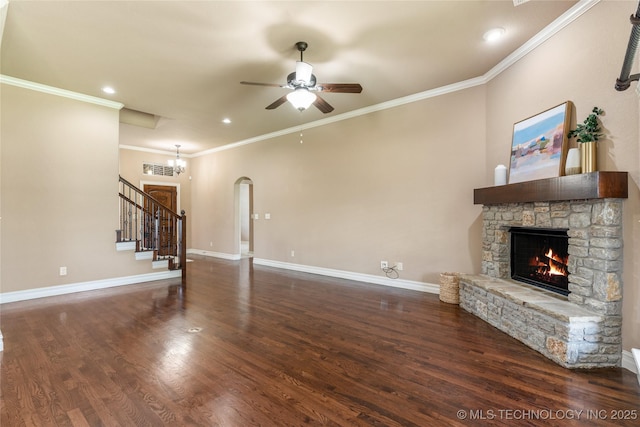 425 W 128th St S, Jenks, OK 74037 - unfurnished living room featuring a stone fireplace, ceiling fan, stairs, recessed lighting, and wood finished floors