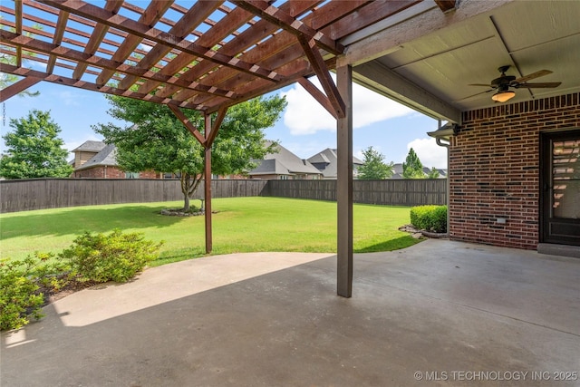 425 W 128th St S, Jenks, OK 74037 - fenced backyard featuring a ceiling fan, a pergola, and a patio