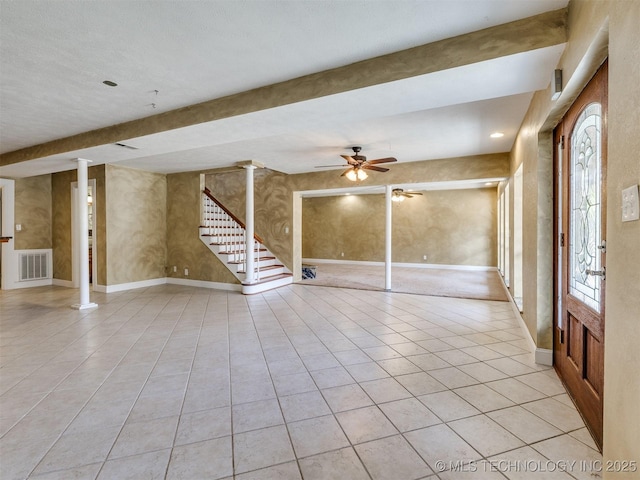 109 E Bk 800th Rd, Stigler, OK 74462 - unfurnished living room featuring light tile patterned flooring, a ceiling fan, and stairway