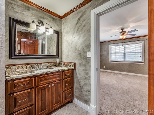 109 E Bk 800th Rd, Stigler, OK 74462 - bathroom with ornamental molding, vanity, and a ceiling fan