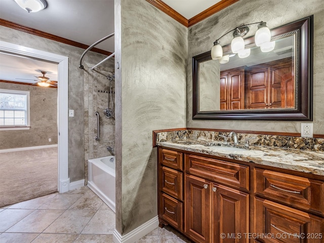 109 E Bk 800th Rd, Stigler, OK 74462 - full bath featuring vanity, tub / shower combination, ornamental molding, a ceiling fan, and tile patterned flooring