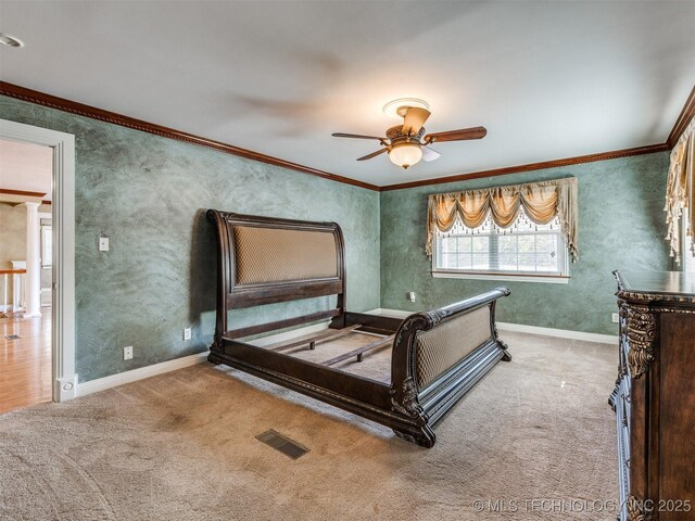 109 E Bk 800th Rd, Stigler, OK 74462 - bedroom with carpet flooring, crown molding, and a ceiling fan