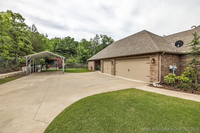 7380 Royalwood Way, Tulsa, OK 74131 - view of property exterior with brick siding, driveway, a shingled roof, and a carport