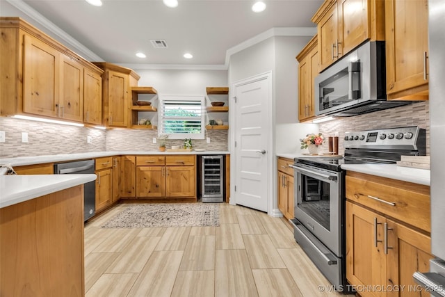7380 Royalwood Way, Tulsa, OK 74131 - kitchen with appliances with stainless steel finishes, wine cooler, open shelves, light countertops, and crown molding