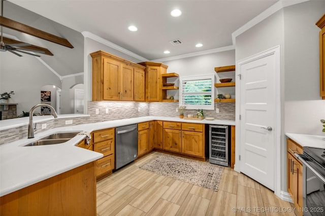 7380 Royalwood Way, Tulsa, OK 74131 - kitchen featuring beverage cooler, appliances with stainless steel finishes, open shelves, tasteful backsplash, and ceiling fan