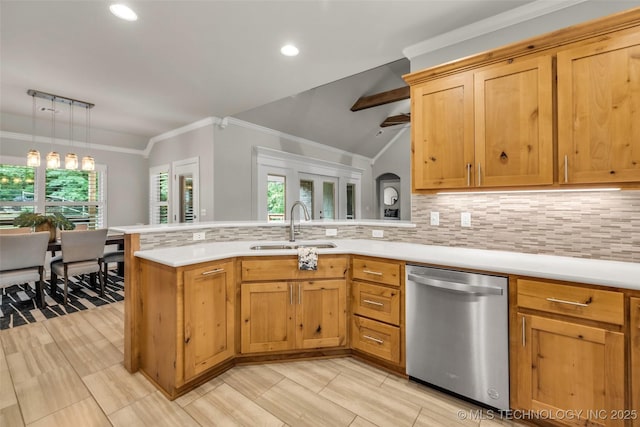 7380 Royalwood Way, Tulsa, OK 74131 - kitchen featuring stainless steel dishwasher, ornamental molding, a peninsula, light countertops, and decorative backsplash
