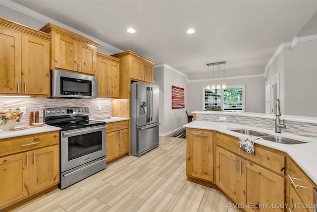 7380 Royalwood Way, Tulsa, OK 74131 - kitchen with appliances with stainless steel finishes, crown molding, light countertops, backsplash, and a chandelier