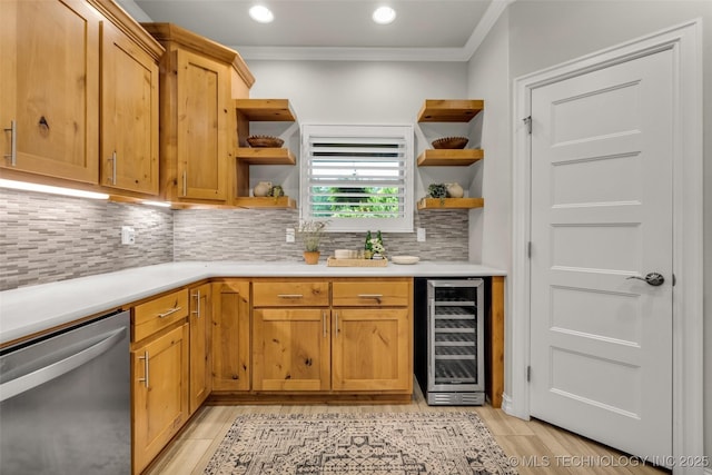 7380 Royalwood Way, Tulsa, OK 74131 - kitchen featuring stainless steel dishwasher, beverage cooler, open shelves, decorative backsplash, and ornamental molding