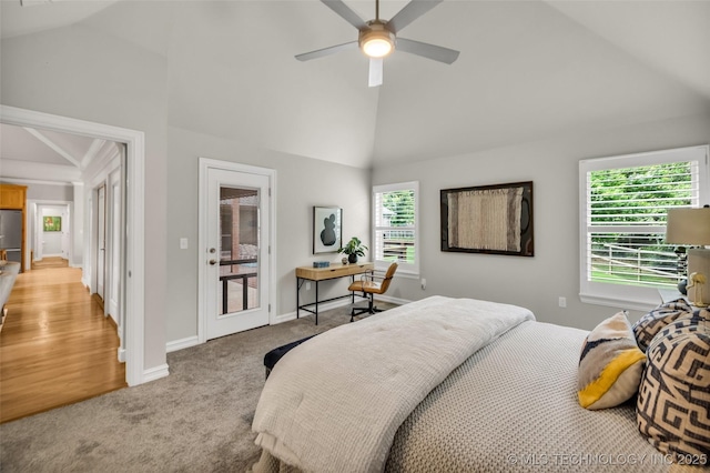 7380 Royalwood Way, Tulsa, OK 74131 - bedroom featuring light colored carpet, high vaulted ceiling, access to exterior, and a ceiling fan