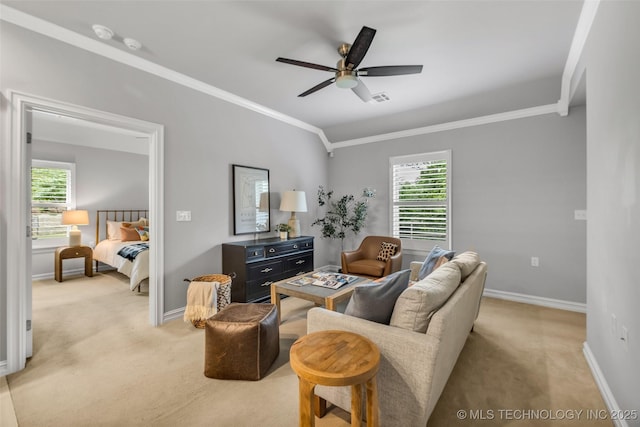 7380 Royalwood Way, Tulsa, OK 74131 - living area with light carpet, ceiling fan, and ornamental molding