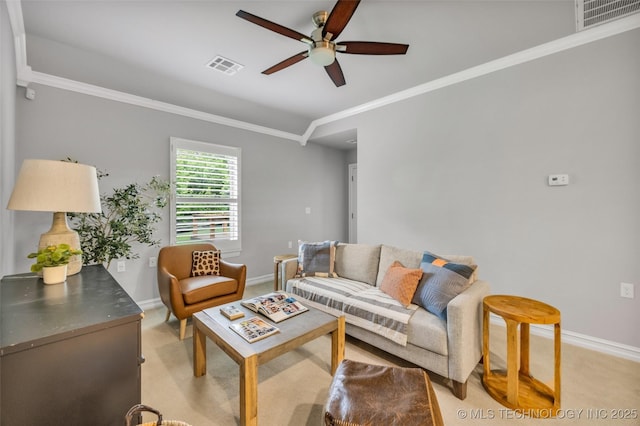 7380 Royalwood Way, Tulsa, OK 74131 - living room featuring a ceiling fan, ornamental molding, and light carpet