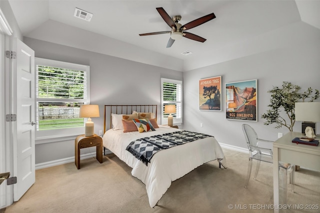 7380 Royalwood Way, Tulsa, OK 74131 - bedroom with light carpet, lofted ceiling, and a ceiling fan