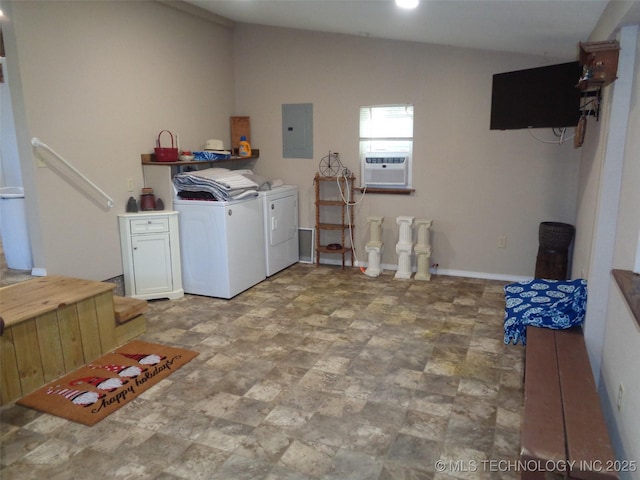 419124 E 1144th Rd, Checotah, OK 74426 - laundry room with electric panel, washing machine and clothes dryer, cooling unit, and stone finish floors