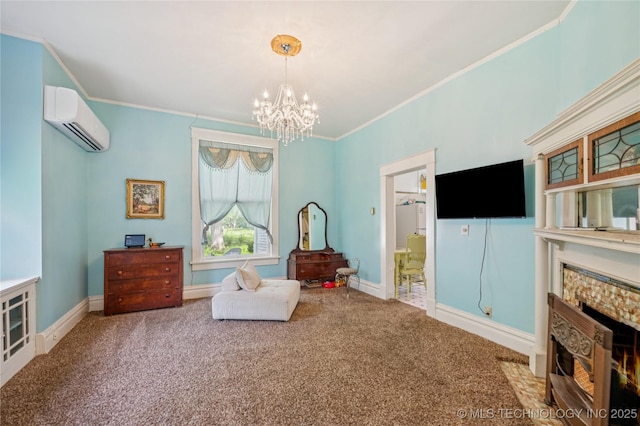 415 S 13th St, Muskogee, OK 74401 - sitting room with a wall mounted AC, ornamental molding, a chandelier, carpet, and a fireplace with flush hearth