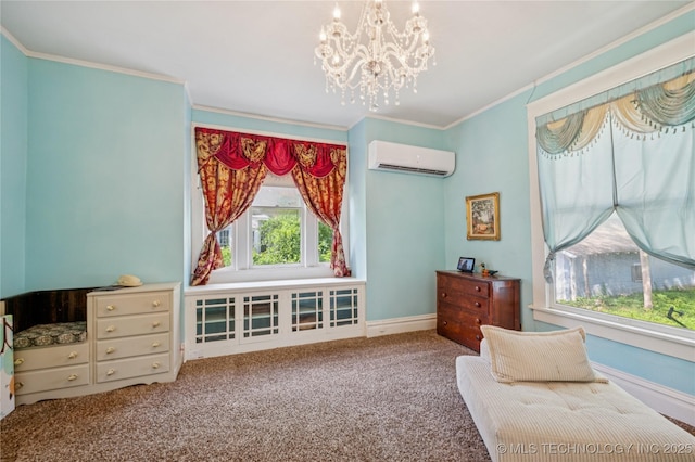 415 S 13th St, Muskogee, OK 74401 - living area with an AC wall unit, crown molding, a chandelier, and carpet