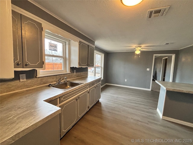 305 NW 4th St Unit 1/2, Wilburton, OK 74578 - kitchen with crown molding, dark wood-style flooring, a ceiling fan, and a textured ceiling