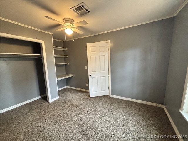 305 NW 4th St Unit 1/2, Wilburton, OK 74578 - unfurnished bedroom with carpet flooring, crown molding, a closet, and a ceiling fan