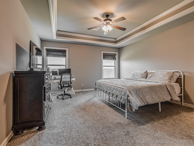 7616 E 84th St, Owasso, OK 74021 - carpeted bedroom featuring a raised ceiling, crown molding, an office area, and ceiling fan