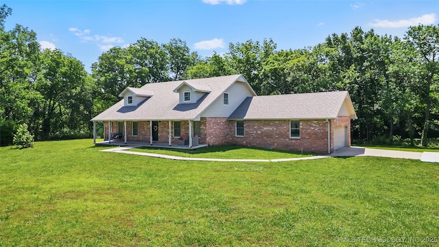 9644 Ew 19 Rd, Nowata, OK 74048 - cape cod house with a porch, brick siding, an attached garage, and a front yard