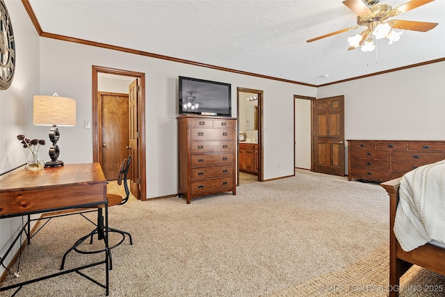 9644 Ew 19 Rd, Nowata, OK 74048 - bedroom with light carpet, a desk, ornamental molding, a textured ceiling, and ceiling fan