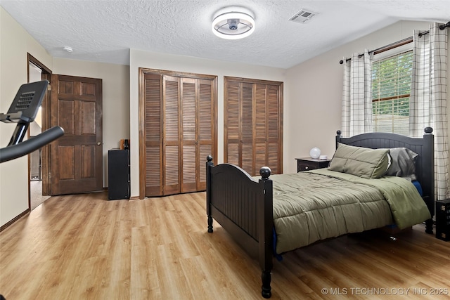 9644 Ew 19 Rd, Nowata, OK 74048 - bedroom with light wood finished floors, multiple closets, a textured ceiling, and vaulted ceiling