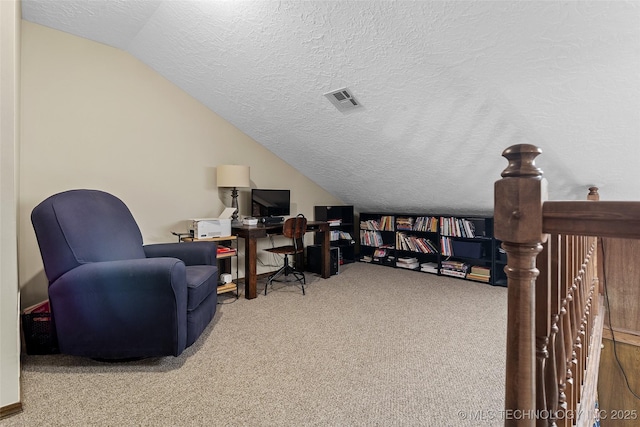 9644 Ew 19 Rd, Nowata, OK 74048 - office featuring vaulted ceiling, a textured ceiling, and carpet floors