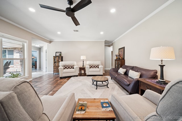 12920 E 183rd St S, Bixby, OK 74008 - living room featuring ceiling fan, crown molding, and recessed lighting