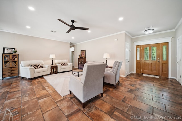 12920 E 183rd St S, Bixby, OK 74008 - living room with crown molding, ceiling fan, and recessed lighting