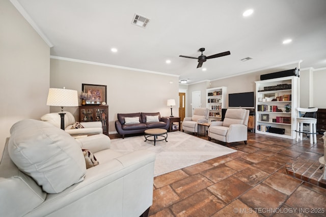 12920 E 183rd St S, Bixby, OK 74008 - living area featuring crown molding, recessed lighting, a ceiling fan, and dark stone finish floors