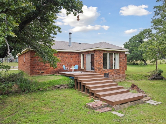 18005 S 4185th Rd, Claremore, OK 74017 - back of house featuring brick siding, crawl space, a deck, and a lawn