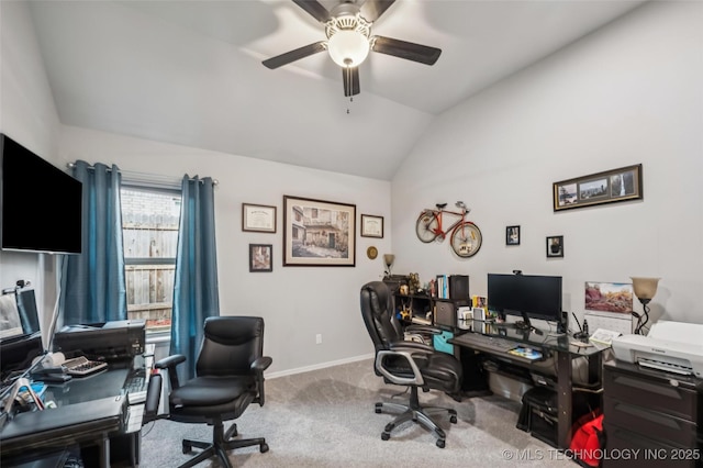 2402 W Kingsport Ct S, Broken Arrow, OK 74011 - office area featuring vaulted ceiling, ceiling fan, and carpet flooring