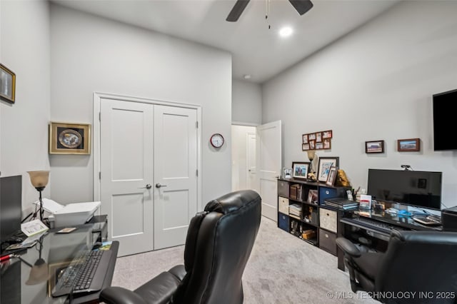 2402 W Kingsport Ct S, Broken Arrow, OK 74011 - carpeted office space with a ceiling fan and a high ceiling