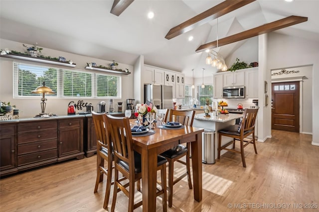 2402 W Kingsport Ct S, Broken Arrow, OK 74011 - dining room with beam ceiling, light wood-style flooring, plenty of natural light, high vaulted ceiling, and recessed lighting