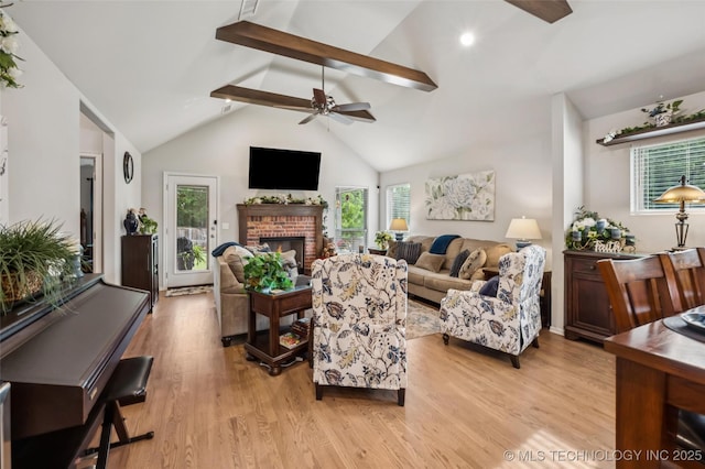 2402 W Kingsport Ct S, Broken Arrow, OK 74011 - living area with a ceiling fan, light wood-style floors, and a brick fireplace