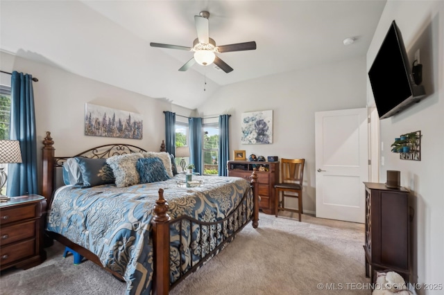 2402 W Kingsport Ct S, Broken Arrow, OK 74011 - bedroom with carpet flooring, multiple windows, lofted ceiling, and ceiling fan