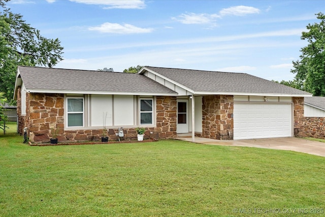 30078 E 143rd St S, Coweta, OK 74429 - ranch-style house with stone siding, an attached garage, a shingled roof, and driveway
